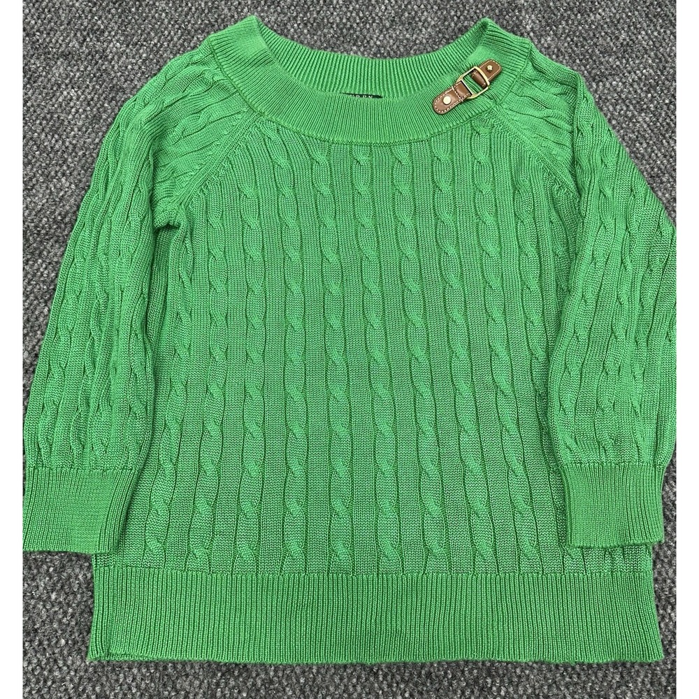 Lauren Ralph Lauren Womens L Green Cable Knit Sweater Boat Neck w/ Buckle Detail